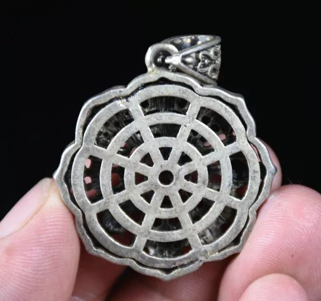 4CM Rare Old Chinese Miao Silver Feng Shui Buddhism Eight Treasures Pendant 3