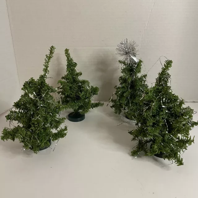 Vtg Set Of 4 Posable Mini Christmas Trees W/ Silver Tinsel 6” Village Decor