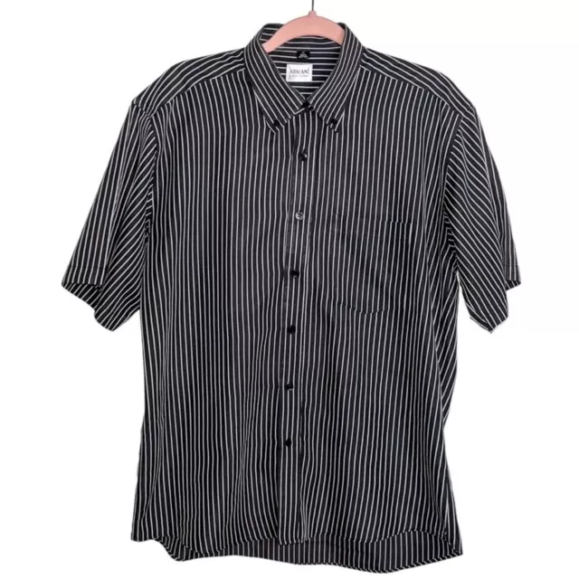 Armani Collezioni Men's Black Pinstripe Short Sleeve Dress Shirt | 17" Neck