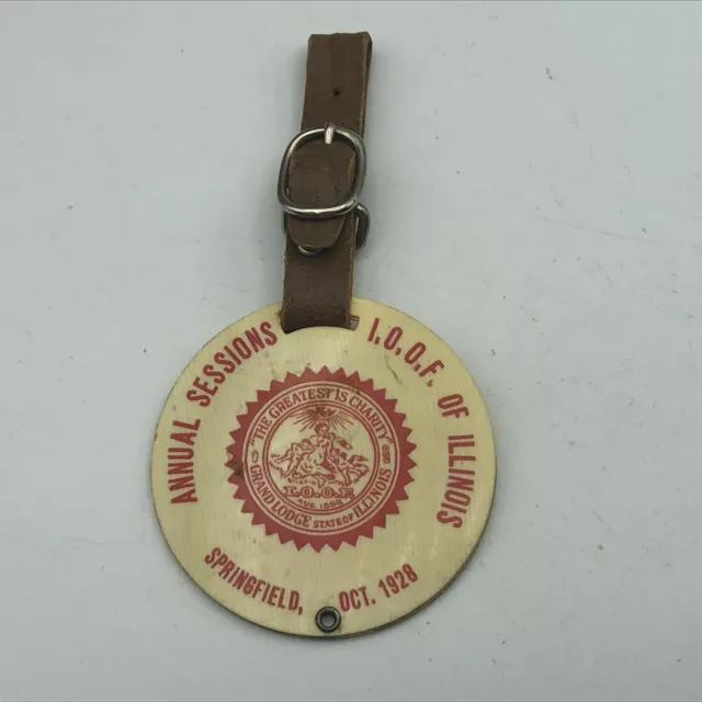 1928 Odd Fellows  FOB Springfield IL Leather Strap Whitehead Hoag Vintage