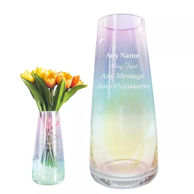 Personalised Glass Vase Rainbow Plated Engraved Any Text Gift For Mum Grandma