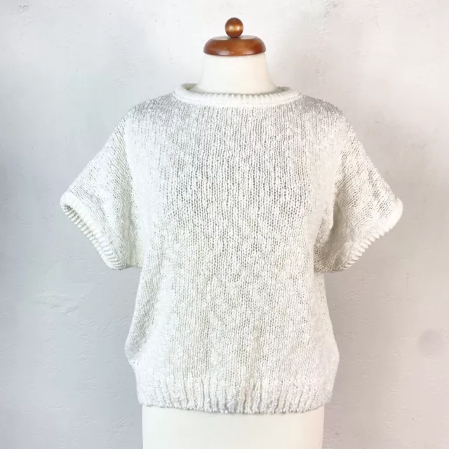 Maglione oversize vintage anni '80 bianco manica corta lavorato a maglia adatto UK taglia 10/12