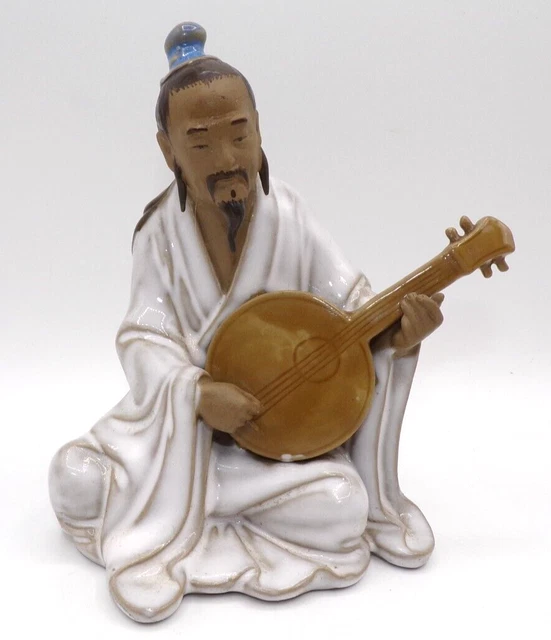 Vintage Chinese Shiwan Bisque Mudman Seated Figure Playing Mandolin White Robes