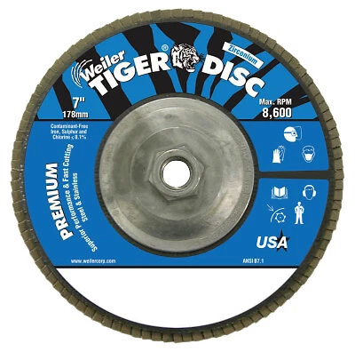 Tiger Disc Angled Style Flap Discs, 7", 36 Grit, 5/8 Arbor, Aluminum Back Weiler