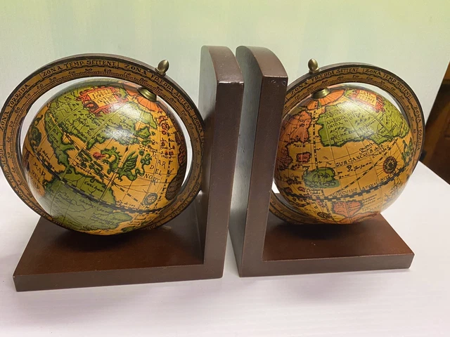 VINTAGE WOODEN OLD World Spinning Axis Globe Bookends Felted Base 5 5 