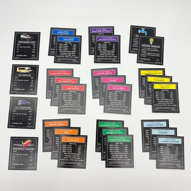 28 TITLE DEED Cards Monopoly Las Vegas Edizione 2000 pezzi di ricambio ...
