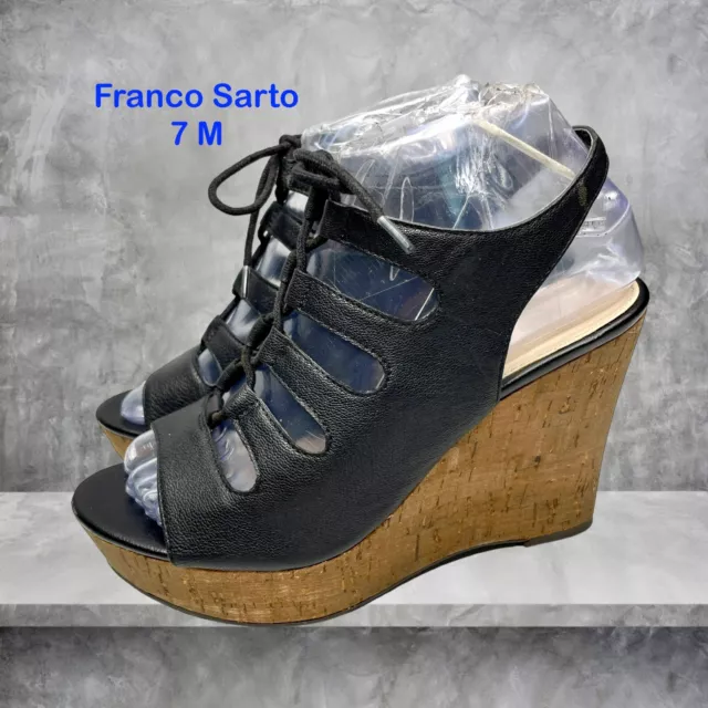 Franco Sarto Womens Black Leather Tie Platform Wedge Sandal Size 7 M