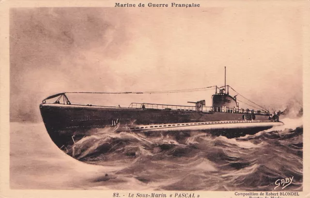 Carte postale ancienne marine guerre sous-marin PASCAL submarine dessin BLONDEL