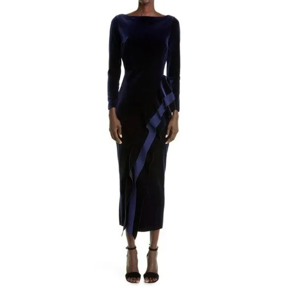 Chiara Boni La Petite Robe Modesta Ruffle Velvet Midi Dress Size 16- NWT