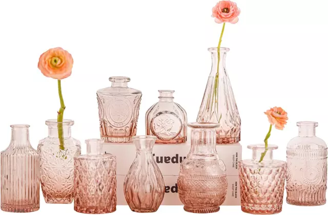 Glass Bud Vase Set of 10 - Mini Vintage Vases for Wedding Decorations, Home Tabl