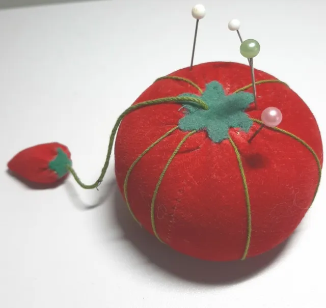 Vtg Pin Cushion Large Round Tomato Shape Deep Red Velvet  With Pins