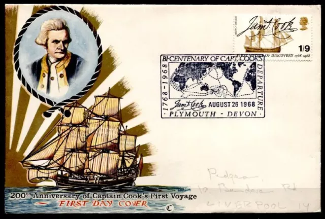 200J. d. ersten Entdeckungsfahrt von James Cook. SoSt-Brief. Großbritannien 1968