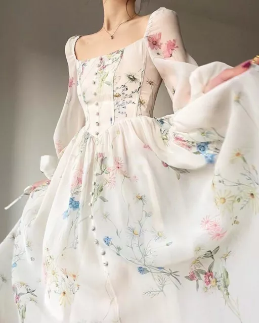 Chiffon Long Elegant Floral Midi Dress Sleeve Party Dress Woman Fairy Dress