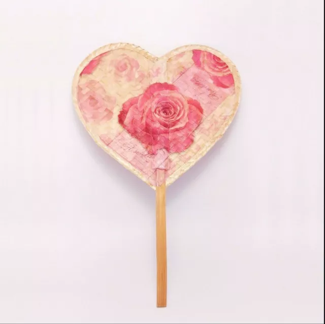 Heart shape red roses printed decoupage hand fan bamboo weave handcraft decor