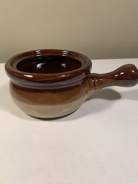 Old Vintage Stoneware Pottery Individual Soup Bean Pot Handled Triple Tone Brown