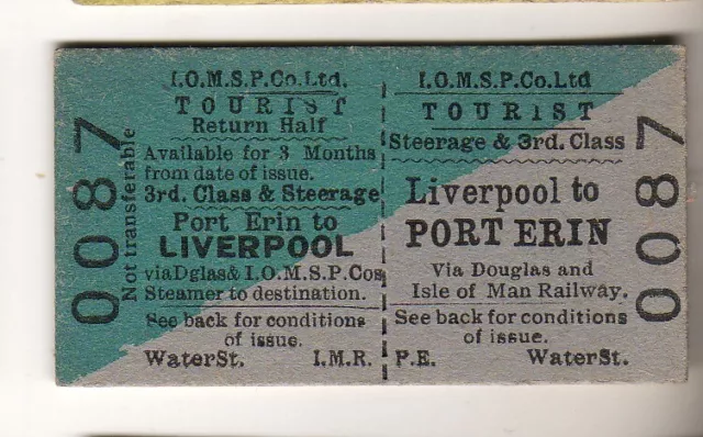 Railway  ticket !omSP Co Steerage & 3rd Liverpool - Port Erin