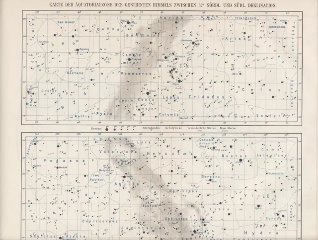 Sternenkarte Äquatorialzone Sterne Sternhaufen LITHOGRAPHIE von 1898 ASTRONOMIE