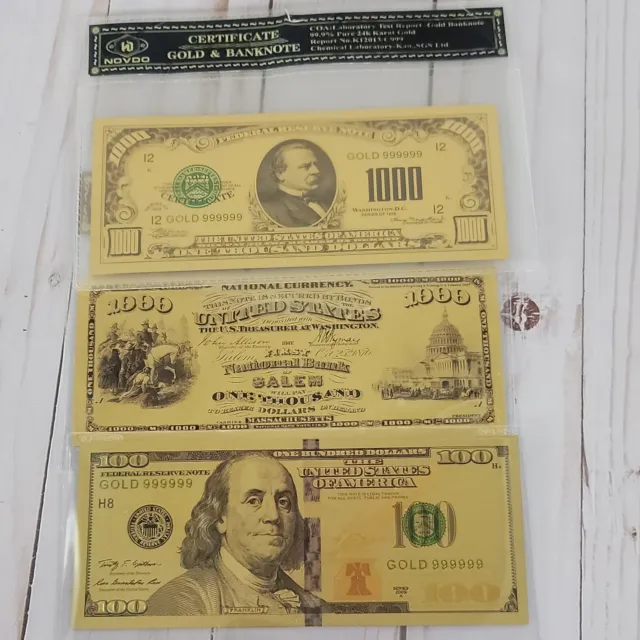 Lot of  3 Gold Foil Banknote Foil 2 Each $1000 and One $100.00