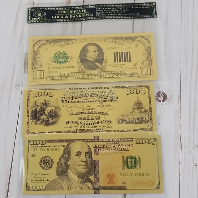 Lot of  3 Gold Foil Banknote Foil 2 Each $1000 and One $100.00
