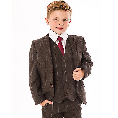 Boys Suits Wedding Suit Tweed Waistcoat Suit Page Boy Formal 5pc Party brown new