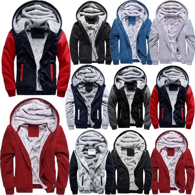 Mens Zip Up Jacket Winter Warmer Sweatshirts Thick Fleece Fur Lined Hoodie Coat