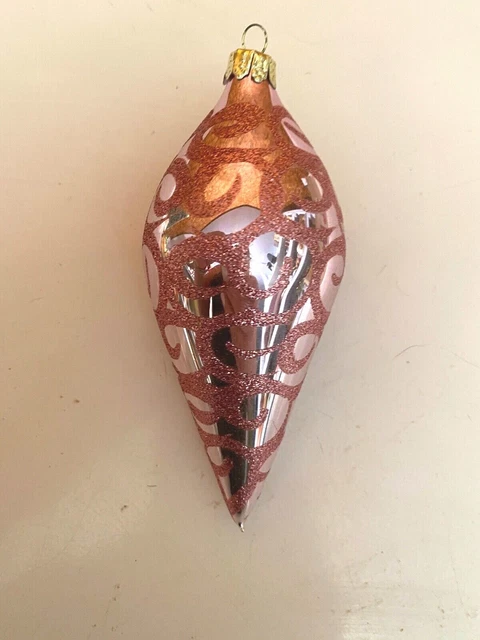 Vintage Glossy & Glitter Teardrop Glass Ornament Pink 5.5"