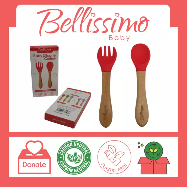 Silicone Spoon & Fork ☆ Bellissimo Baby Led Weaning Wooden BPA Free Cutlery Set