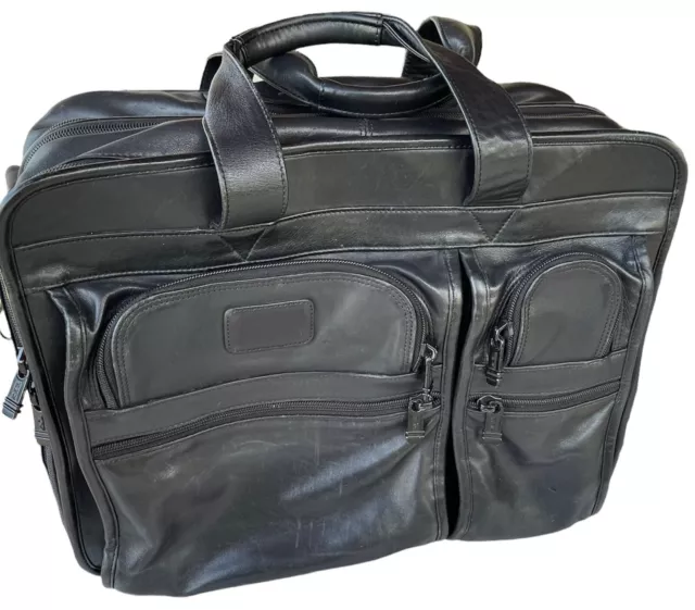 Tumi Alpha Black Leather Rolling Laptop Case Organizer Briefcase Bag Men