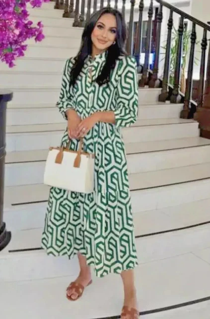 ZARA ECRU WHITE Green Geo Geometric Print Karen Tiered Midi Dress size L 14  16 46.98 - PicClick UK