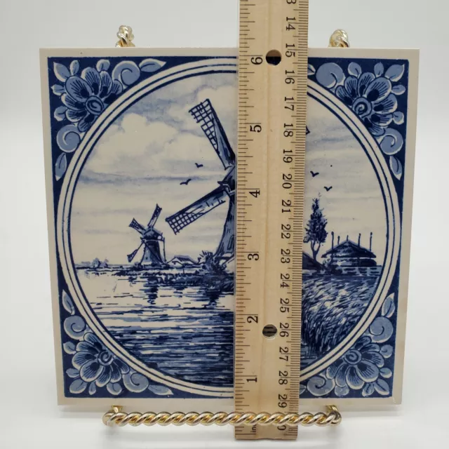 Delft Blauw Handpainted Tile Trivet 6" Windmill Boats Houses Made in Holland 3