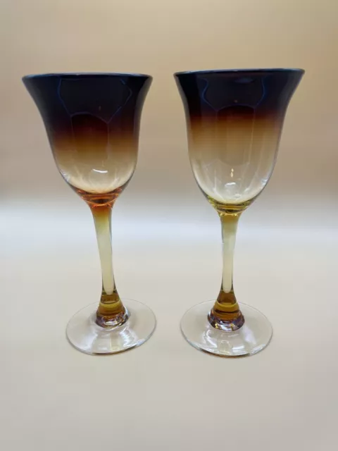 Pair Of Wine Goblets 8” Smoked Brown to Amber Signed