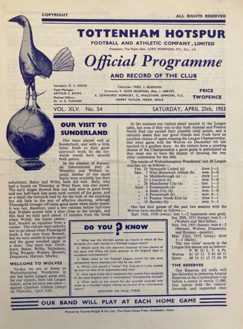 Tottenham Hotspur v Wolverhampton Wanderers Div 1 1952/53