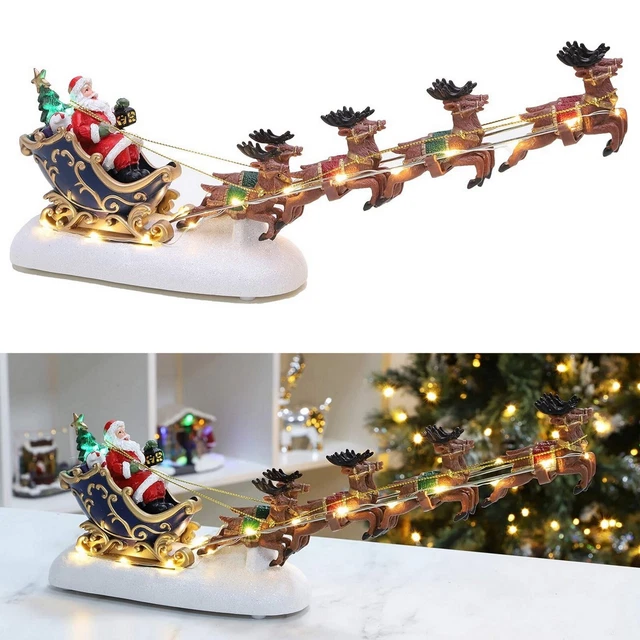 CHRISTMAS SANTA SLEIGH Flying Reindeer Scene Ornament LED Lights Xmas
