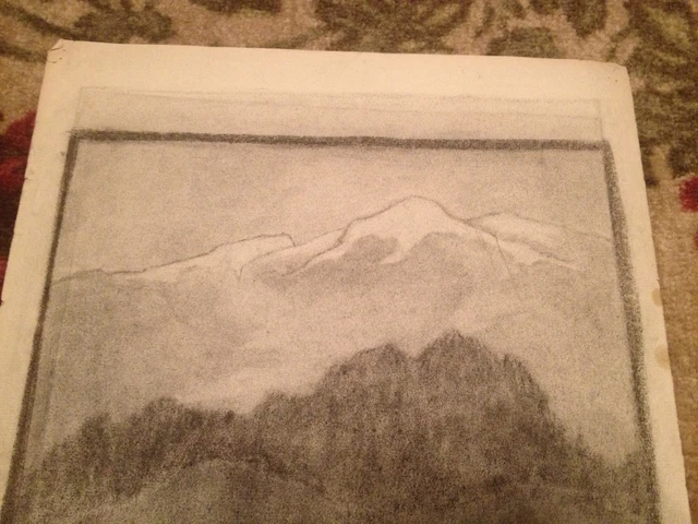 Antique Début 20th Siècle Charbon Paysage Dessin Avec / Mountains En 2