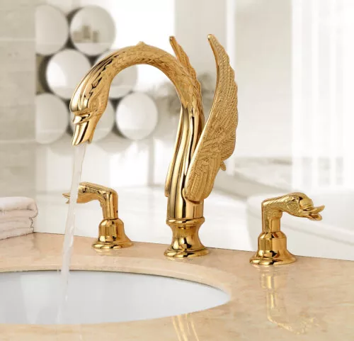 Gold Swan Bathroom Basin Sink Mixer Faucet Deck Mounted 2 Small Swan Handle Tap