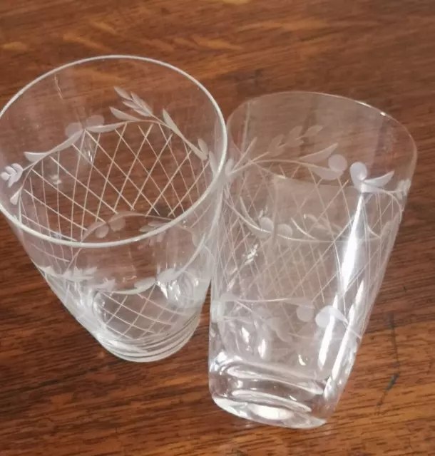 Antique Edwardian Tumbler Glasses x2 Etched Patterns Thin Hand Blown Delicate