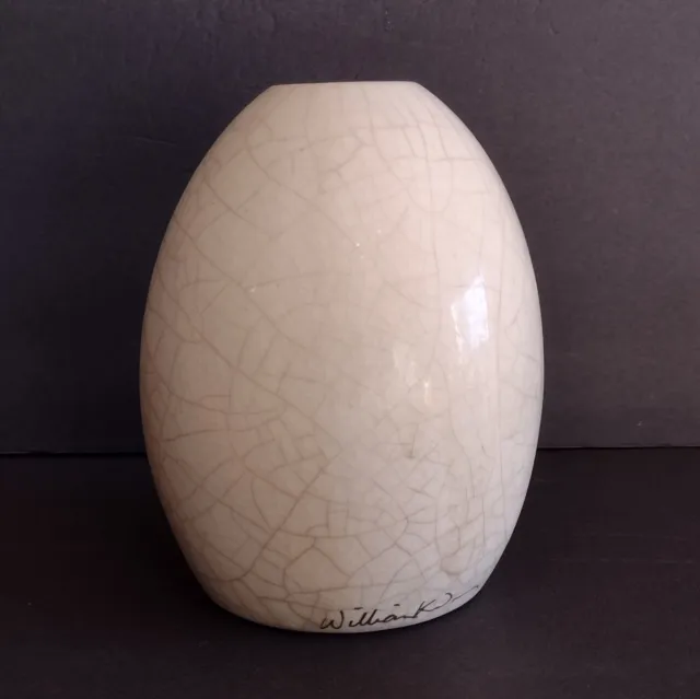 Signed William K Turner Raku Pottery Vase White Crackle Glaze 8"