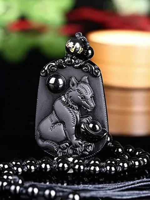 Natural Obsidian Chinese zodiac necklace Amulet animals pendant with bead chain