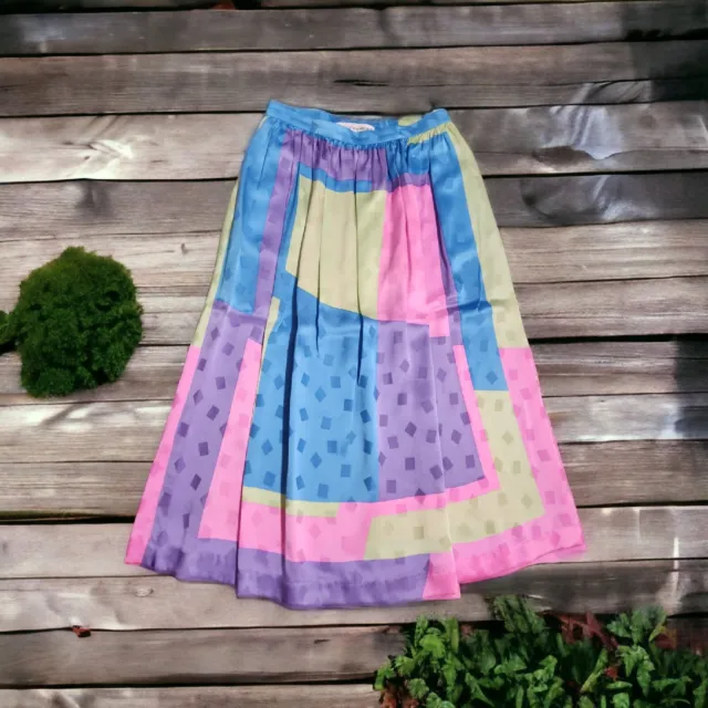 Vintage 80s Umi Collections Pastel Colorblock Silk Skirt Size Medium