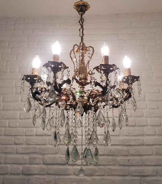 Antik Vintage 8 Arme Gussmessing & Kristalle Cherub Kronleuchter Beleuchtung Lampe