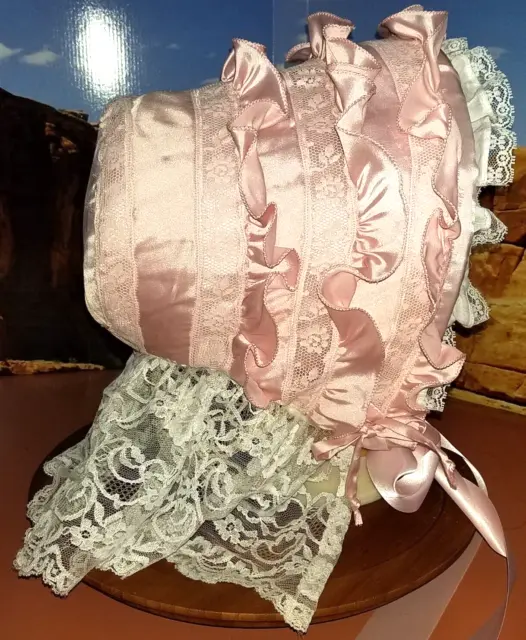 SPOON BONNET Reproduction 1860's Civil War Era Pink Ruffled Bonnet