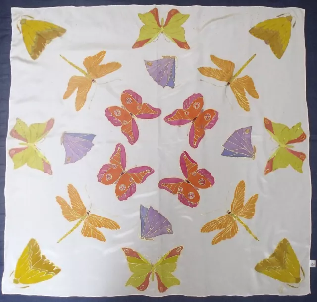 Artisan BUTTERFLIES White Orange Yellow HANDMADE Hand Painted Large Silk Scarf