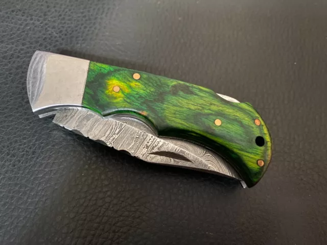 Damascus Steel Custom Made Pocket Folding Knife Wood Handle W/Sheath 8566