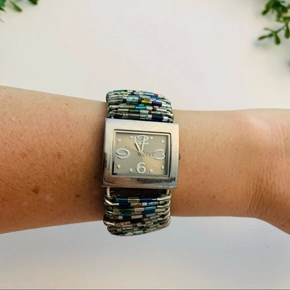 Retro blue beaded safety pin silver toned womens watch jewelry Bracelet Expands