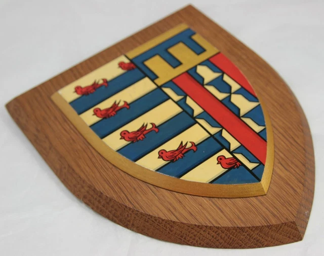 Heraldic Shield / Crest Mounted on Wood Blue Red Birds