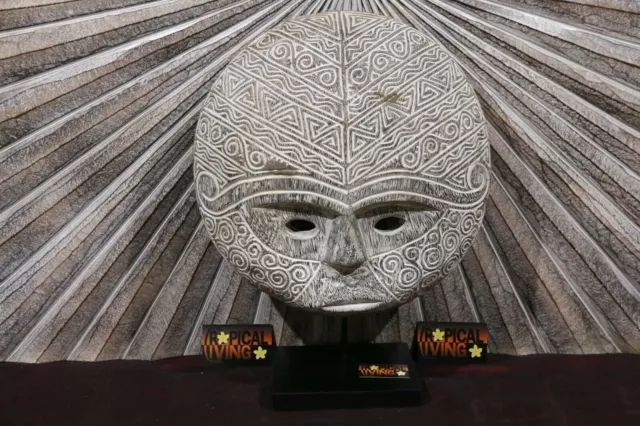 NEW Indonesian Hand Carved Primitive Wooden Mask Sculpture on Stand - TIMOR ART