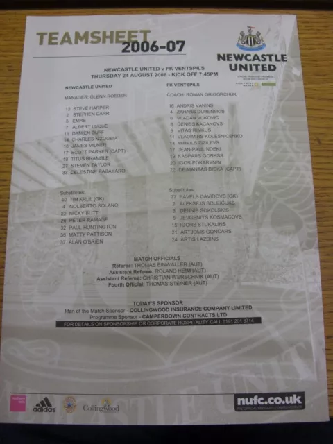 24/08/2006 Colour Teamsheet: Newcastle United v Ventspils [UEFA Cup]. Trusted se