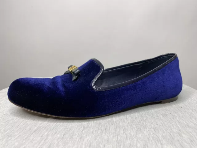 Tory Burch Velvet Loafers Blue Logo Women's 8.5 M Flat Comfort Bow Classic