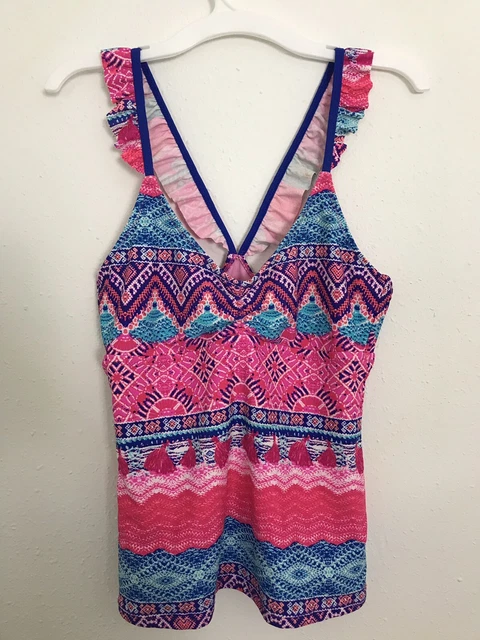Raisins Tankini Swimsuit Top Bright Boho Pink Blue Ruffle Angel Wing Straps Sz M
