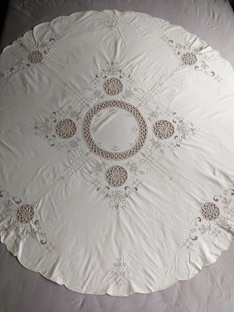 Antique 64” ROUND Cut Work EMBROIDERY & Crocheted Tablecloth